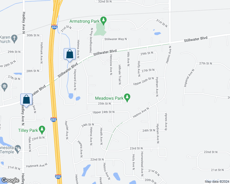 map of restaurants, bars, coffee shops, grocery stores, and more near 2613 Henslow Avenue North in Oakdale