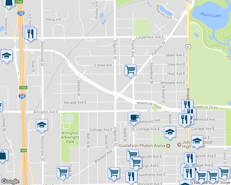 map of restaurants, bars, coffee shops, grocery stores, and more near 463 Nebraska Avenue East in Saint Paul