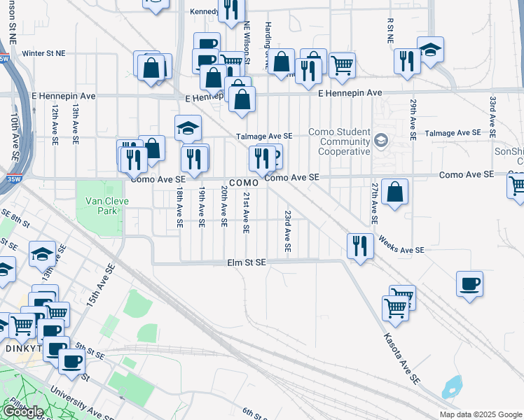 map of restaurants, bars, coffee shops, grocery stores, and more near 893 22nd Avenue Southeast in Minneapolis