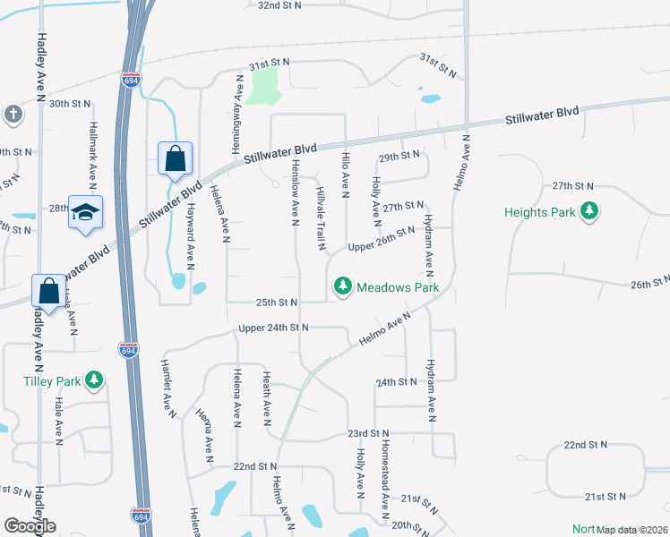 map of restaurants, bars, coffee shops, grocery stores, and more near 2613 Hilo Avenue North in Oakdale