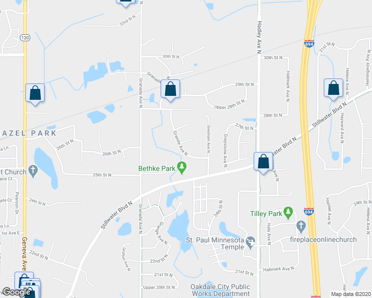 map of restaurants, bars, coffee shops, grocery stores, and more near 2662 Granite Avenue North in Oakdale