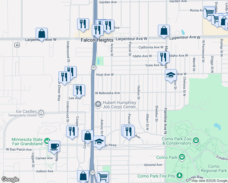 map of restaurants, bars, coffee shops, grocery stores, and more near 1503 Simpson Street in Saint Paul