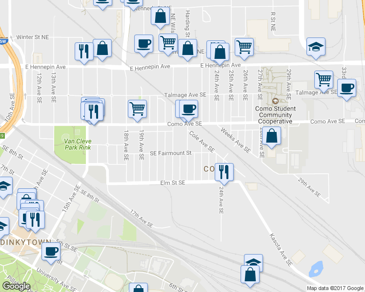 map of restaurants, bars, coffee shops, grocery stores, and more near 893 22nd Avenue Southeast in Minneapolis
