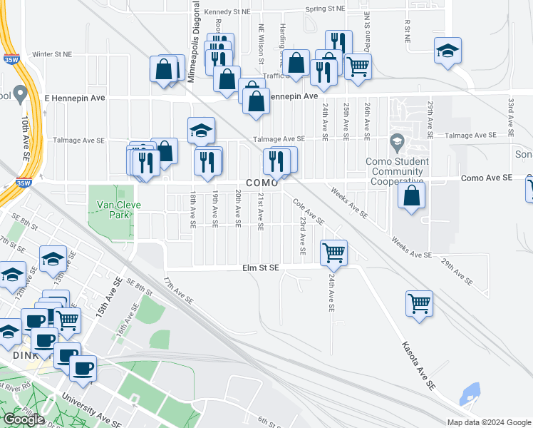 map of restaurants, bars, coffee shops, grocery stores, and more near 893 22nd Avenue Southeast in Minneapolis