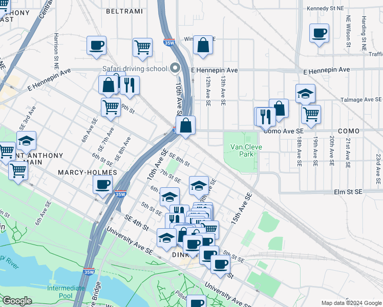 map of restaurants, bars, coffee shops, grocery stores, and more near 822 11th Avenue Southeast in Minneapolis