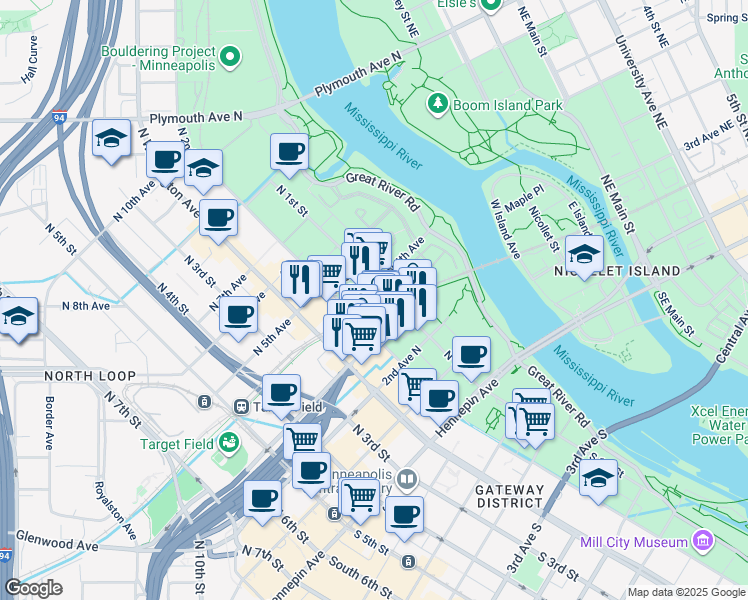 map of restaurants, bars, coffee shops, grocery stores, and more near 111 North 4th Avenue in Minneapolis
