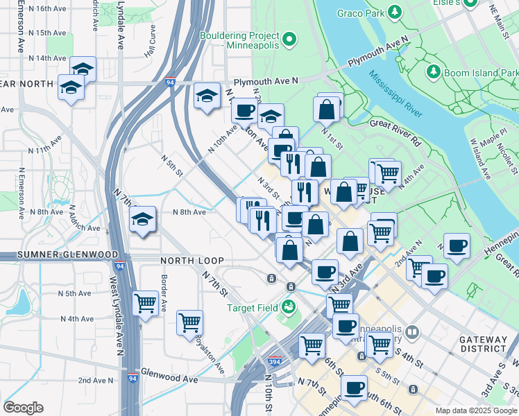 map of restaurants, bars, coffee shops, grocery stores, and more near 710 North 4th Street in Minneapolis