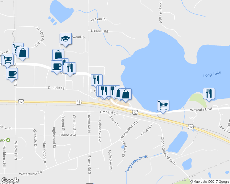 map of restaurants, bars, coffee shops, grocery stores, and more near 1885 Symes Street in Long Lake