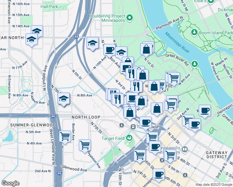 map of restaurants, bars, coffee shops, grocery stores, and more near 710 North 4th Street in Minneapolis