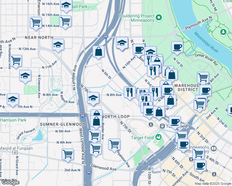 map of restaurants, bars, coffee shops, grocery stores, and more near 811 North 5th Street in Minneapolis