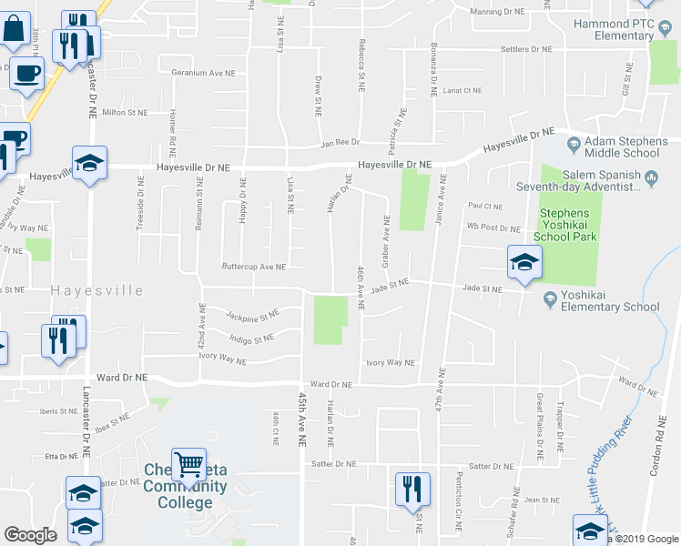map of restaurants, bars, coffee shops, grocery stores, and more near 4552 Harlan Drive Northeast in Salem