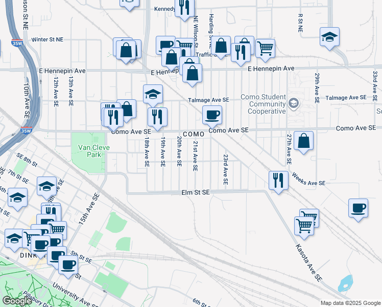 map of restaurants, bars, coffee shops, grocery stores, and more near 895 21st Avenue Southeast in Minneapolis