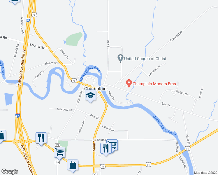 map of restaurants, bars, coffee shops, grocery stores, and more near 7 River Street in Champlain