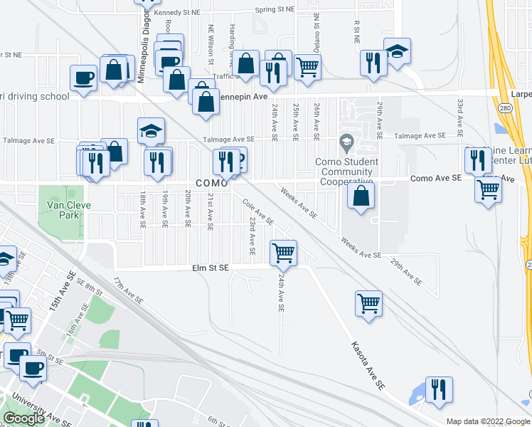 map of restaurants, bars, coffee shops, grocery stores, and more near 2319 Cole Avenue Southeast in Minneapolis