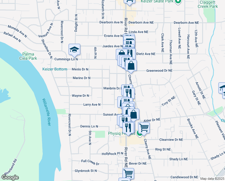 map of restaurants, bars, coffee shops, grocery stores, and more near 204 Manbrin Drive North in Keizer