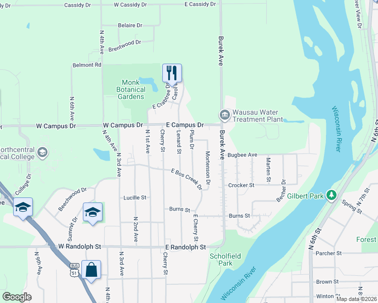 map of restaurants, bars, coffee shops, grocery stores, and more near 1726 Plum Dr in Wausau