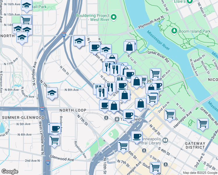 map of restaurants, bars, coffee shops, grocery stores, and more near 710 North 4th Street in Minneapolis