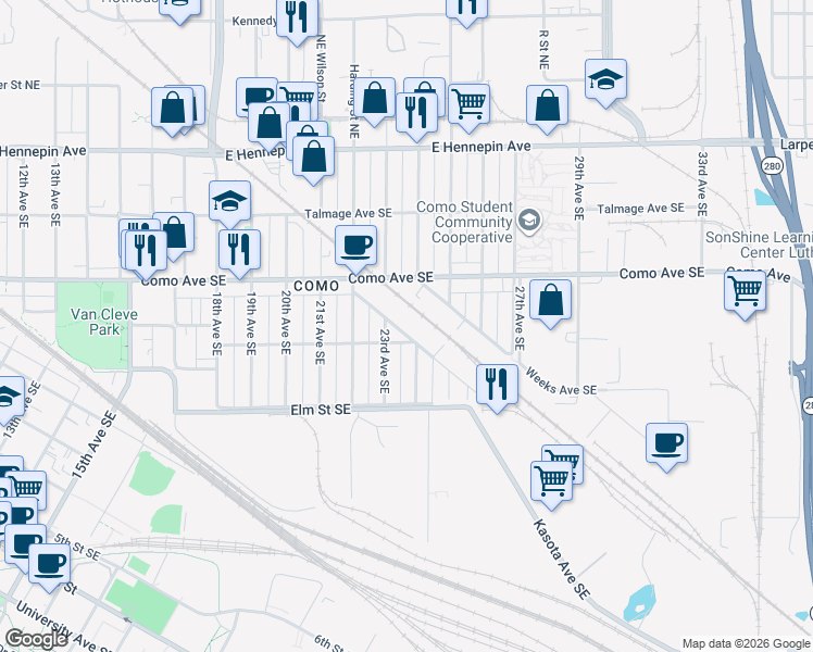 map of restaurants, bars, coffee shops, grocery stores, and more near 2319 Cole Avenue Southeast in Minneapolis