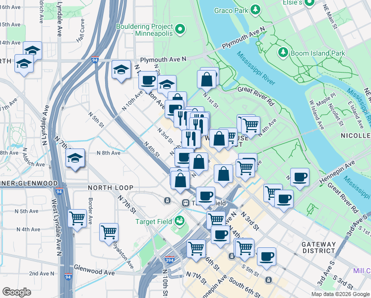 map of restaurants, bars, coffee shops, grocery stores, and more near 608 North 3rd Avenue in Minneapolis