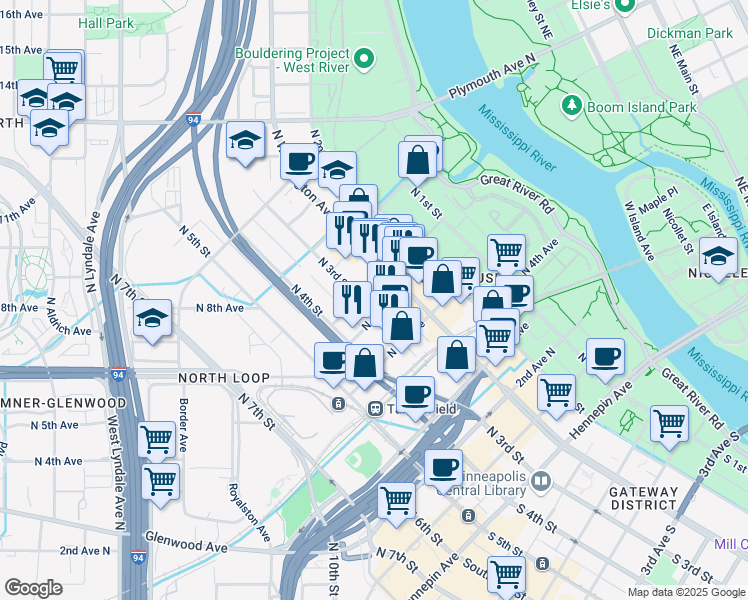 map of restaurants, bars, coffee shops, grocery stores, and more near 608 North 3rd Avenue in Minneapolis