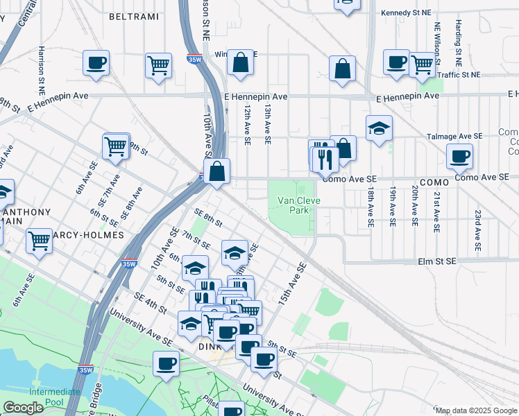 map of restaurants, bars, coffee shops, grocery stores, and more near 1220 Southeast Brook Avenue in Minneapolis
