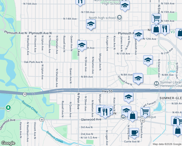 map of restaurants, bars, coffee shops, grocery stores, and more near 811 North Newton Avenue in Minneapolis