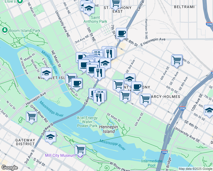 map of restaurants, bars, coffee shops, grocery stores, and more near in Minneapolis