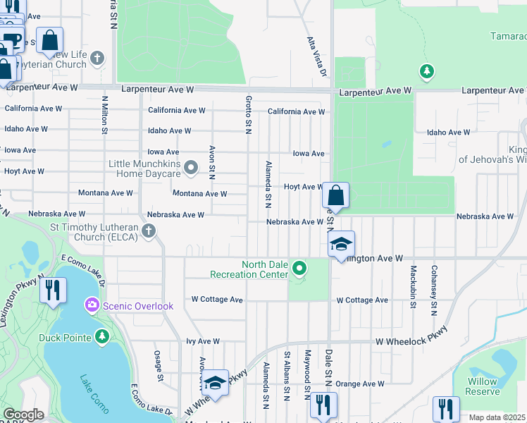 map of restaurants, bars, coffee shops, grocery stores, and more near 1507 Alameda Street North in Saint Paul