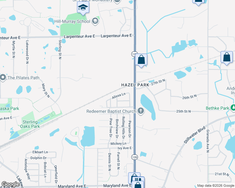 map of restaurants, bars, coffee shops, grocery stores, and more near 2688 Alissa Lane in Maplewood