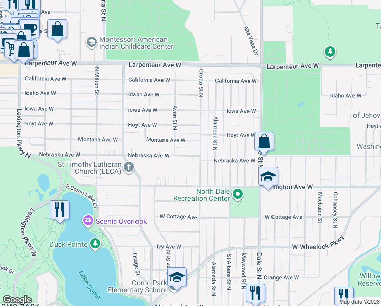 map of restaurants, bars, coffee shops, grocery stores, and more near 757 Nebraska Avenue West in Saint Paul