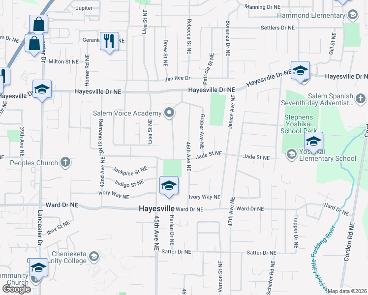 map of restaurants, bars, coffee shops, grocery stores, and more near 4552 Harlan Drive Northeast in Salem