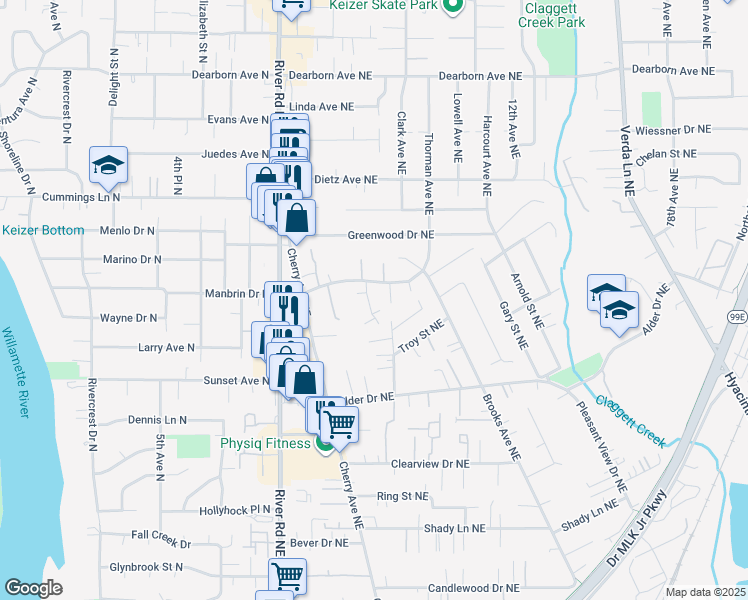 map of restaurants, bars, coffee shops, grocery stores, and more near 4268 Meadowbrook Court Northeast in Keizer