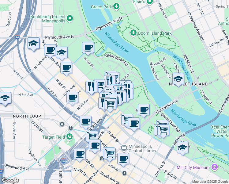 map of restaurants, bars, coffee shops, grocery stores, and more near 322 North 2nd Street in Minneapolis