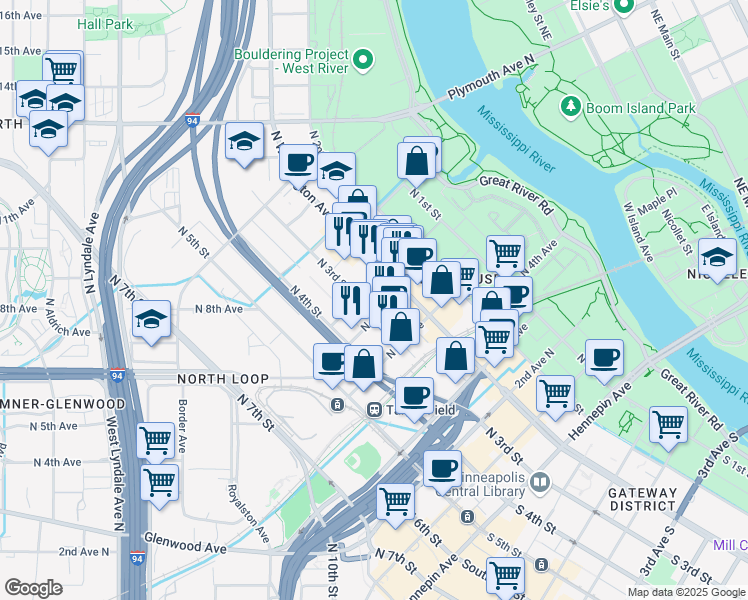 map of restaurants, bars, coffee shops, grocery stores, and more near 608 North 3rd Avenue in Minneapolis