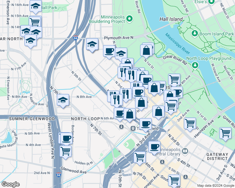 map of restaurants, bars, coffee shops, grocery stores, and more near 710 North 4th Street in Minneapolis