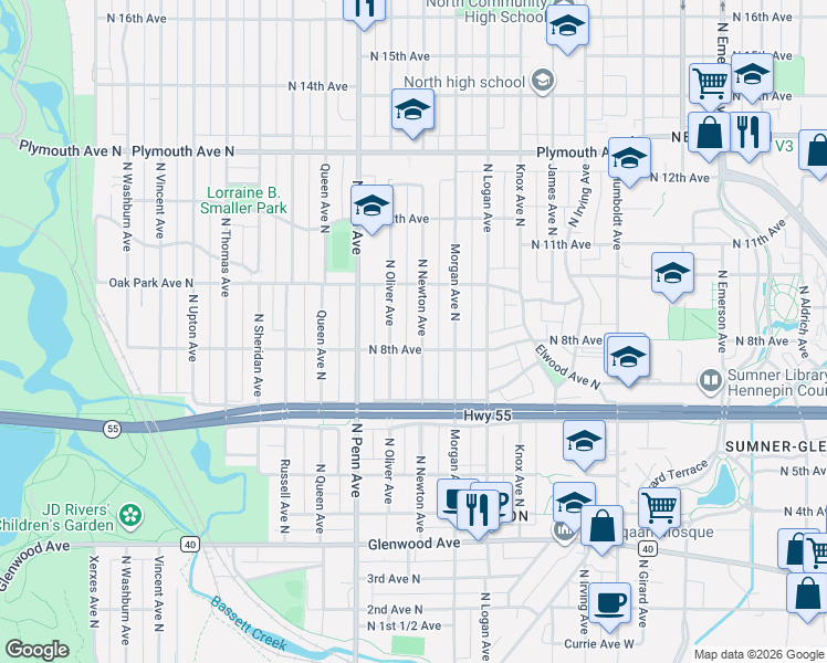 map of restaurants, bars, coffee shops, grocery stores, and more near 811 North Newton Avenue in Minneapolis
