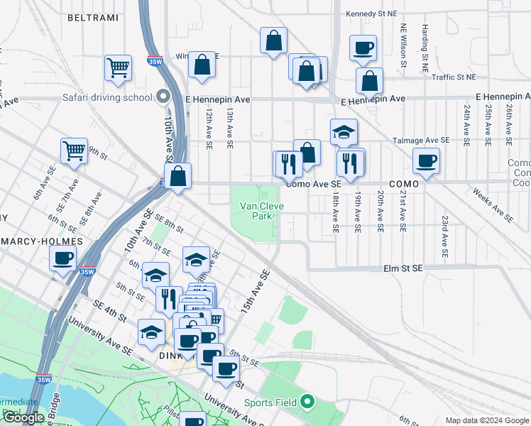 map of restaurants, bars, coffee shops, grocery stores, and more near 901 15th Avenue Southeast in Minneapolis