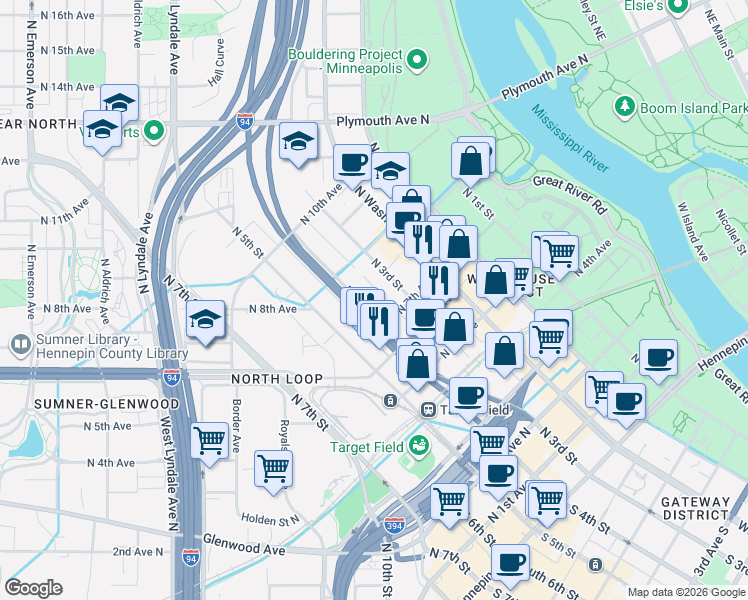 map of restaurants, bars, coffee shops, grocery stores, and more near 710 North 4th Street in Minneapolis