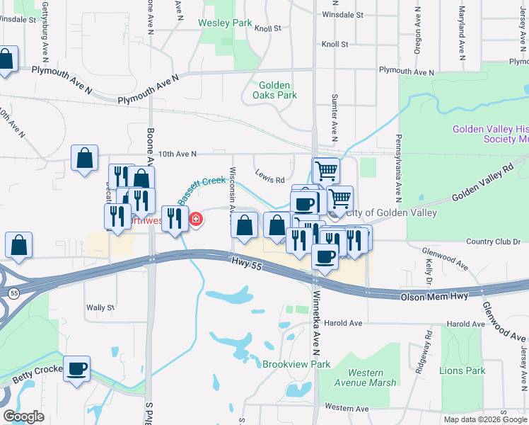 map of restaurants, bars, coffee shops, grocery stores, and more near in Golden Valley