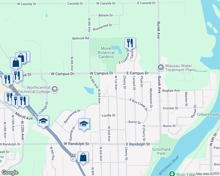 map of restaurants, bars, coffee shops, grocery stores, and more near 1727 North 2nd Avenue in Wausau