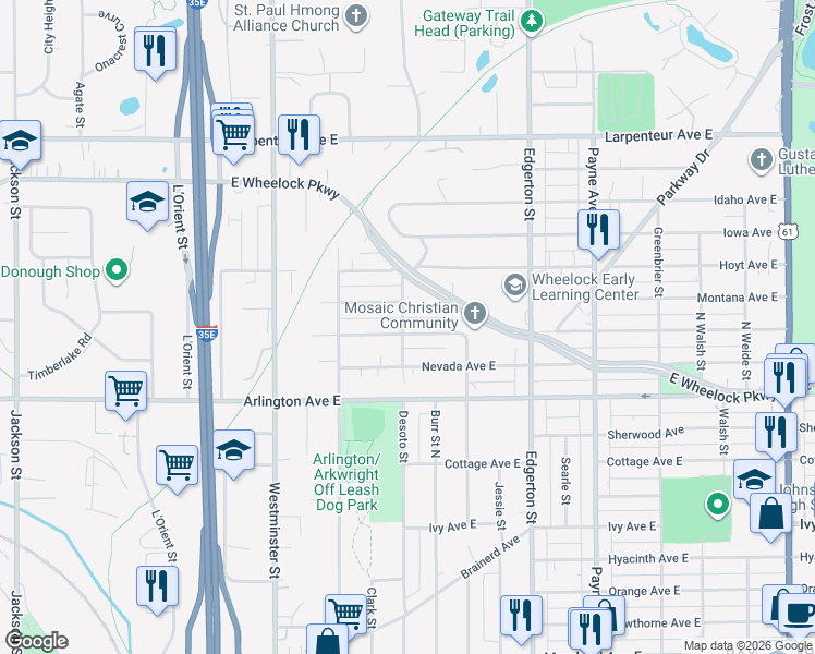 map of restaurants, bars, coffee shops, grocery stores, and more near 465 Nebraska Avenue East in Saint Paul