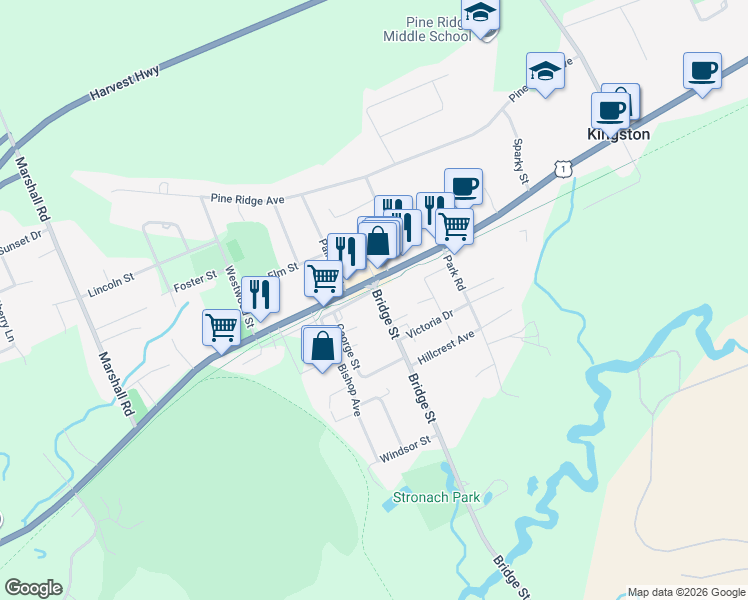 map of restaurants, bars, coffee shops, grocery stores, and more near 1535 Bridge Street in Kingston