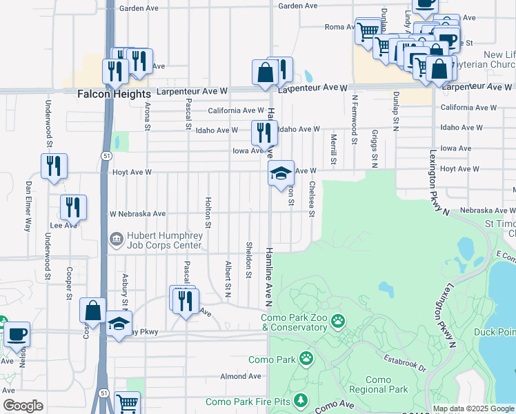 map of restaurants, bars, coffee shops, grocery stores, and more near 1355 West Nebraska Avenue in Saint Paul