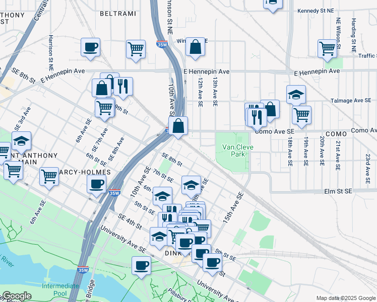 map of restaurants, bars, coffee shops, grocery stores, and more near 822 11th Avenue Southeast in Minneapolis