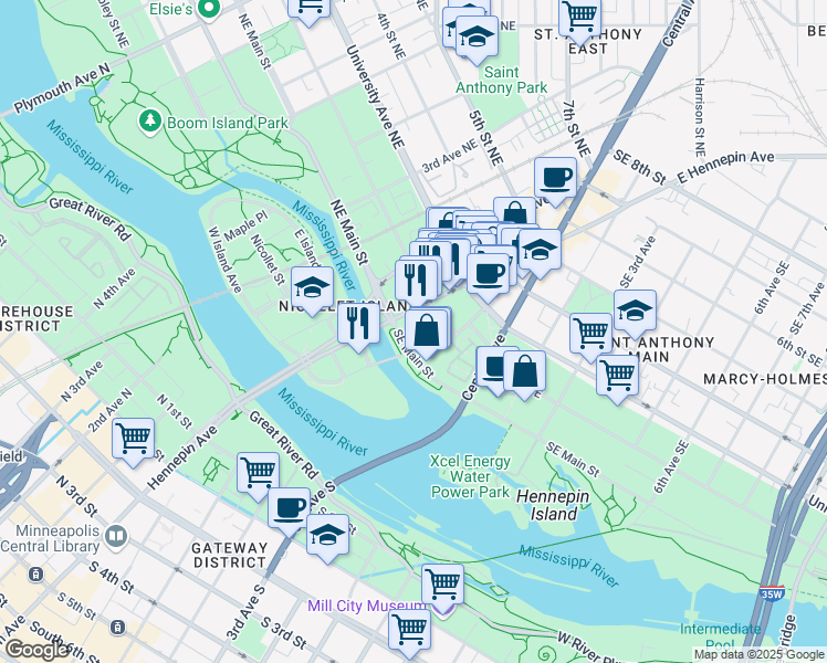 map of restaurants, bars, coffee shops, grocery stores, and more near 1 Southeast Main Street in Minneapolis