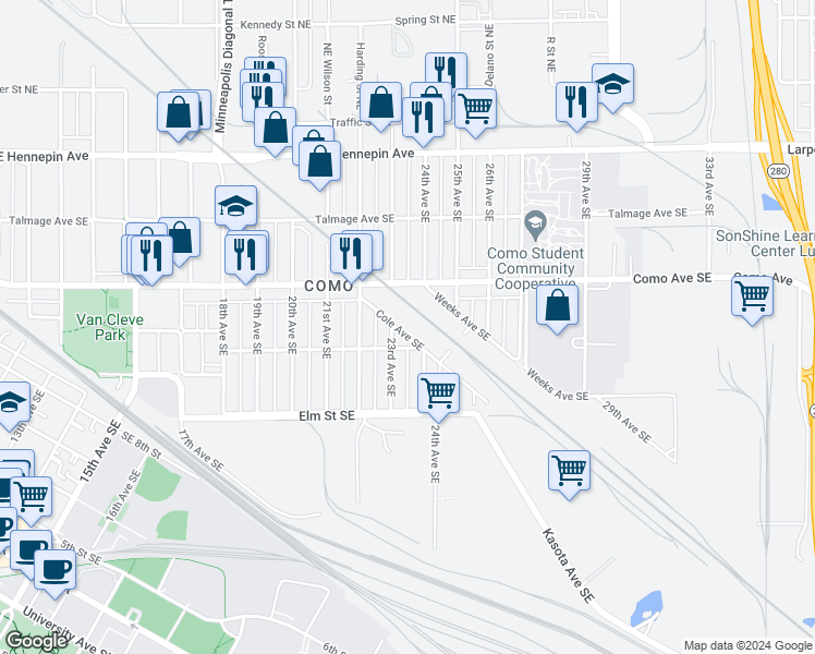 map of restaurants, bars, coffee shops, grocery stores, and more near 2309 Cole Avenue Southeast in Minneapolis