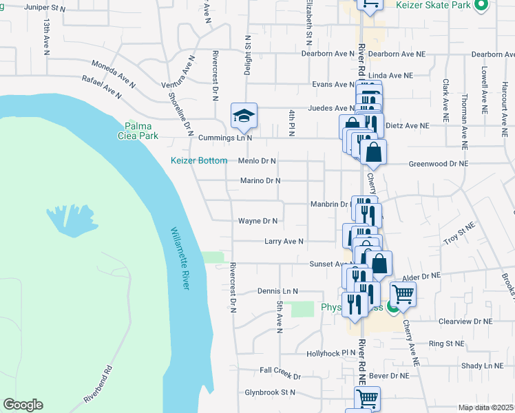 map of restaurants, bars, coffee shops, grocery stores, and more near 584 Manbrin Drive North in Keizer