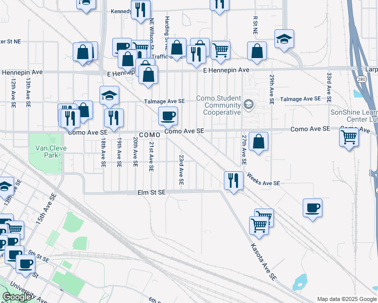 map of restaurants, bars, coffee shops, grocery stores, and more near 2309 Cole Avenue Southeast in Minneapolis