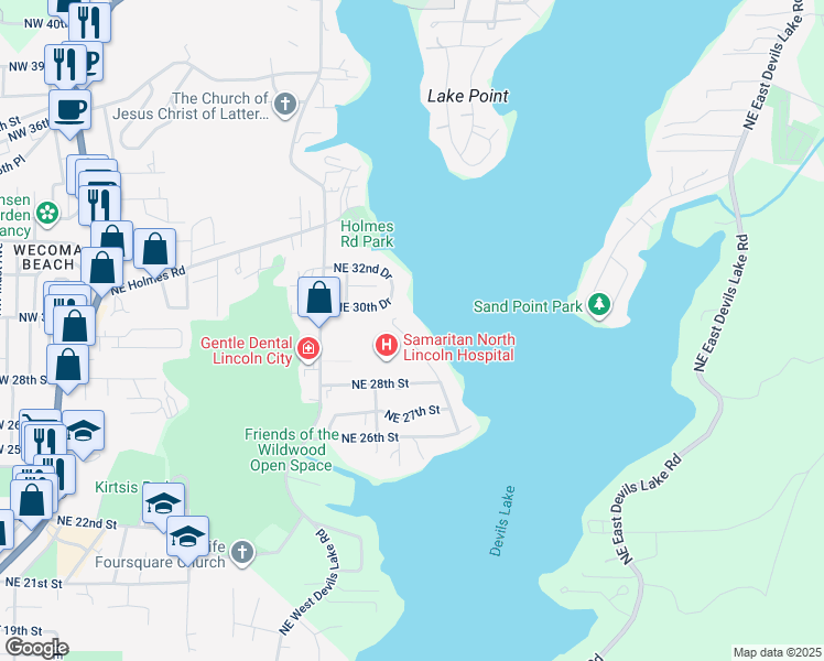 map of restaurants, bars, coffee shops, grocery stores, and more near 2934-2998 Northeast Lake Drive in Lincoln City