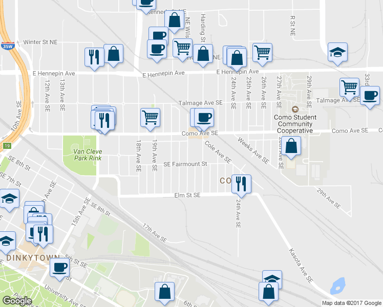 map of restaurants, bars, coffee shops, grocery stores, and more near 893 22nd Avenue Southeast in Minneapolis